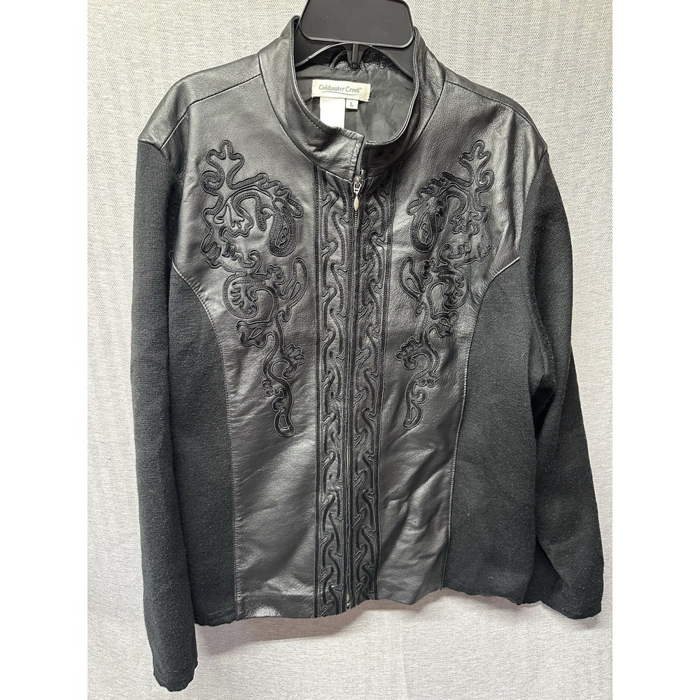 Coldwater Creek Womens L Black Leather Wool Jacket Embroidered Zip Front